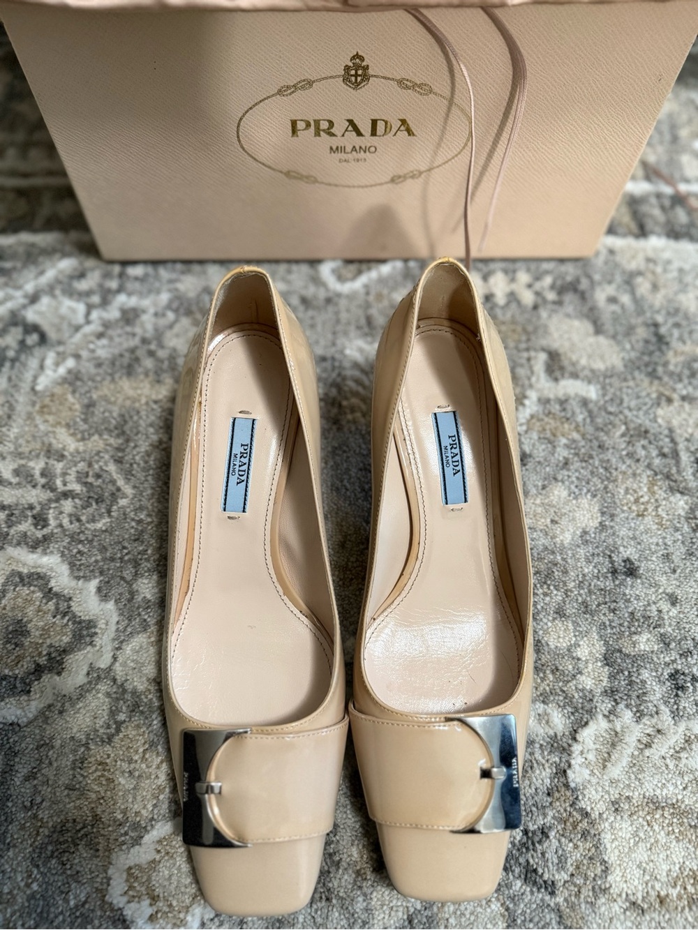 Prada Nude Patent Leather Square-Toe Ballet Heels with Silver Accent - Picture 3 of 10